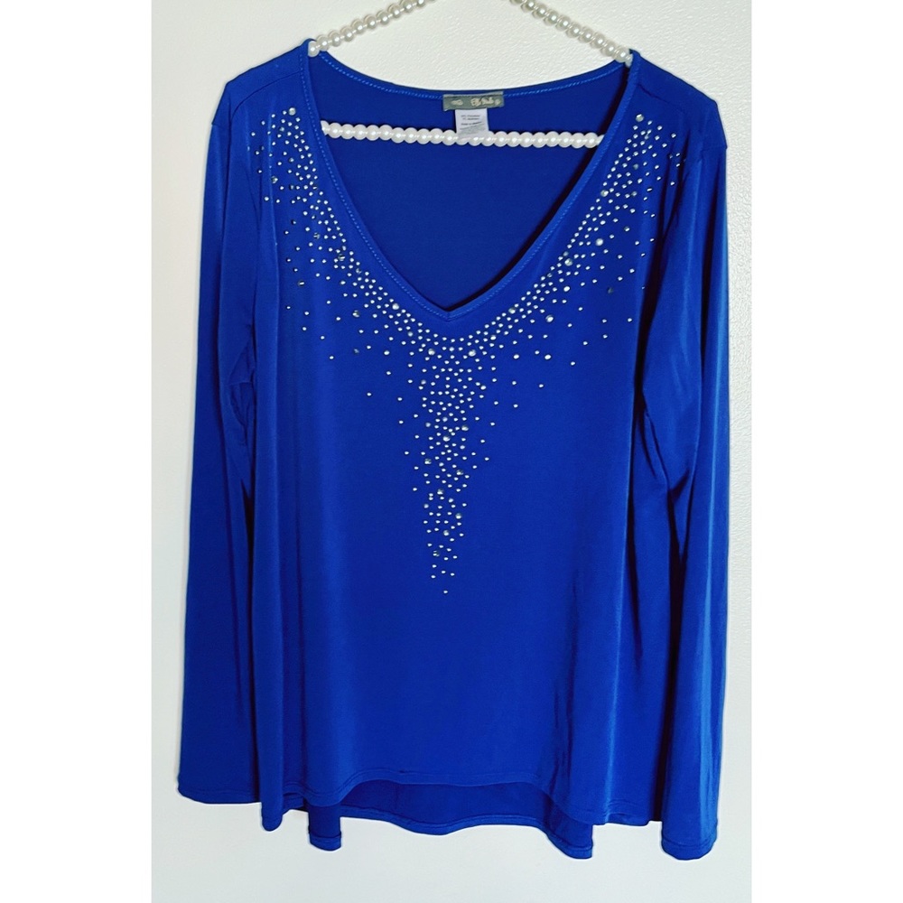 Royal Blue Elle Mode Embellished Rhinestones Long Sleeves Top XL